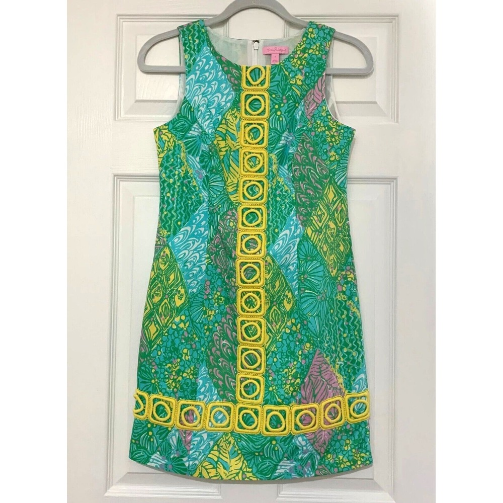 Lilly Pulitzer‎ Mila Sun Dance Shift Dress sz 2 Cotton Lace Shells Floral Fish
